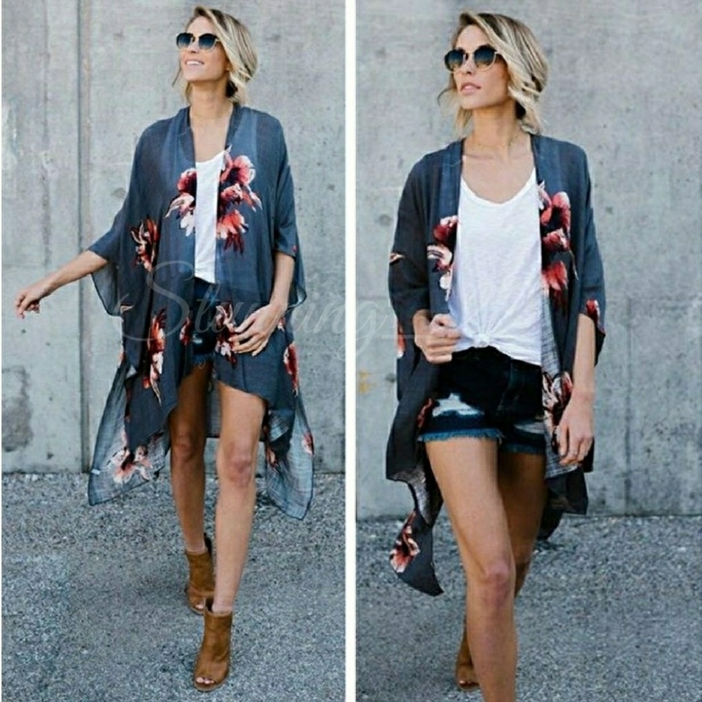 🆕BOHO CHARCOAL FLORAL KIMONO DUSTER - Picture 3 of 5